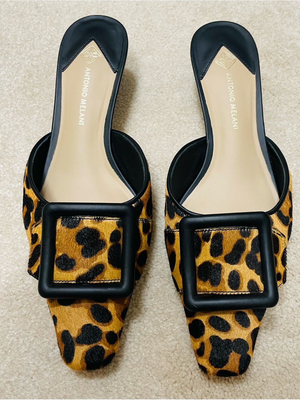 Antonio Melani Leopard-Print Buckle Mules in Tan/Black